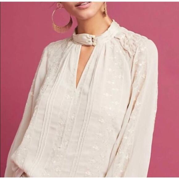 Anthropologie Tops - Anthropology Tink Embroidered Beige Blouse
